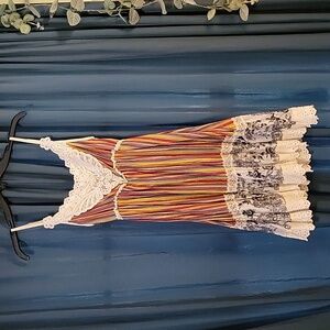 Short sundress w/ lace & sequin bodice; skirtlined w/lace flower-print ruffle